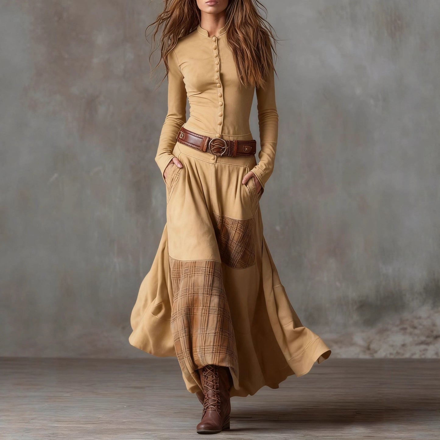 2025 Independent Station Foreign Trade Suede Plaid Collage Vintage Temperament Dress with Pocket Button Belt Belt