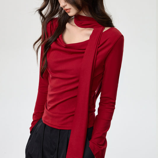 天丝莱赛尔 荡领气质新款露肩长袖t恤女设计感一字领红色修身上衣