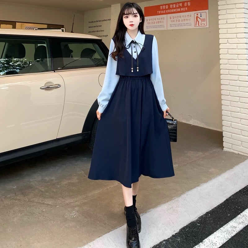 Plus size women's fake two-piece dress women's autumn new fat mm French retro design temperament slim long skirt