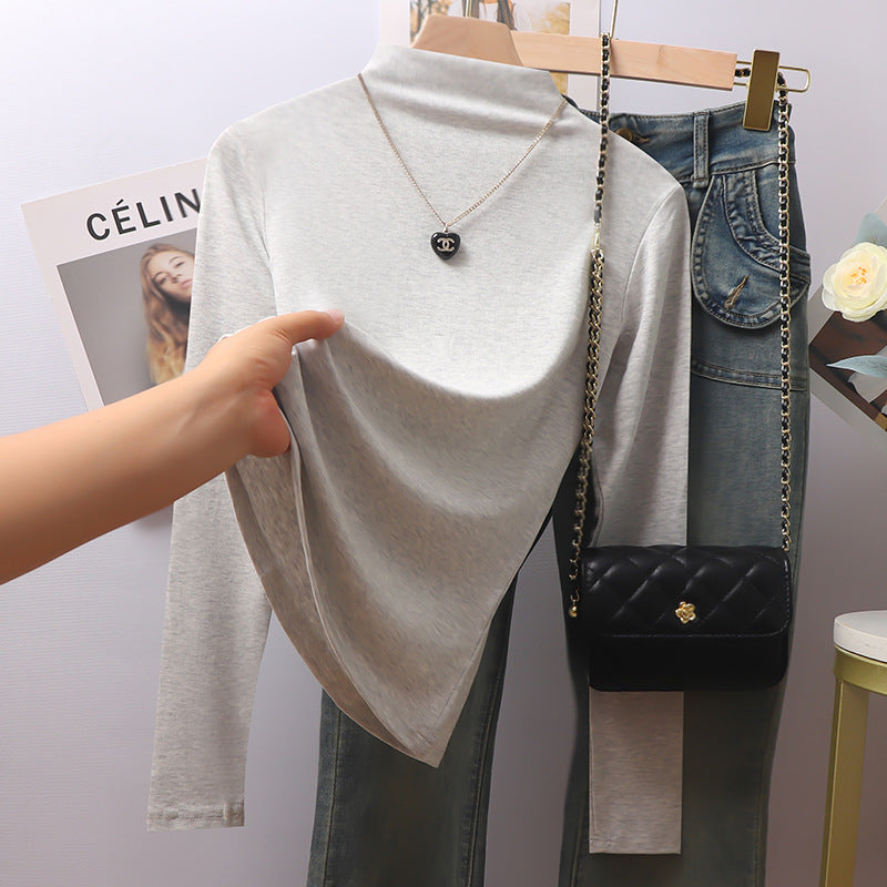 Grey threaded collar long-sleeved bottoming shirt for women's autumn and winter, with fleece, thickened and warm, this year's popular beautiful tops