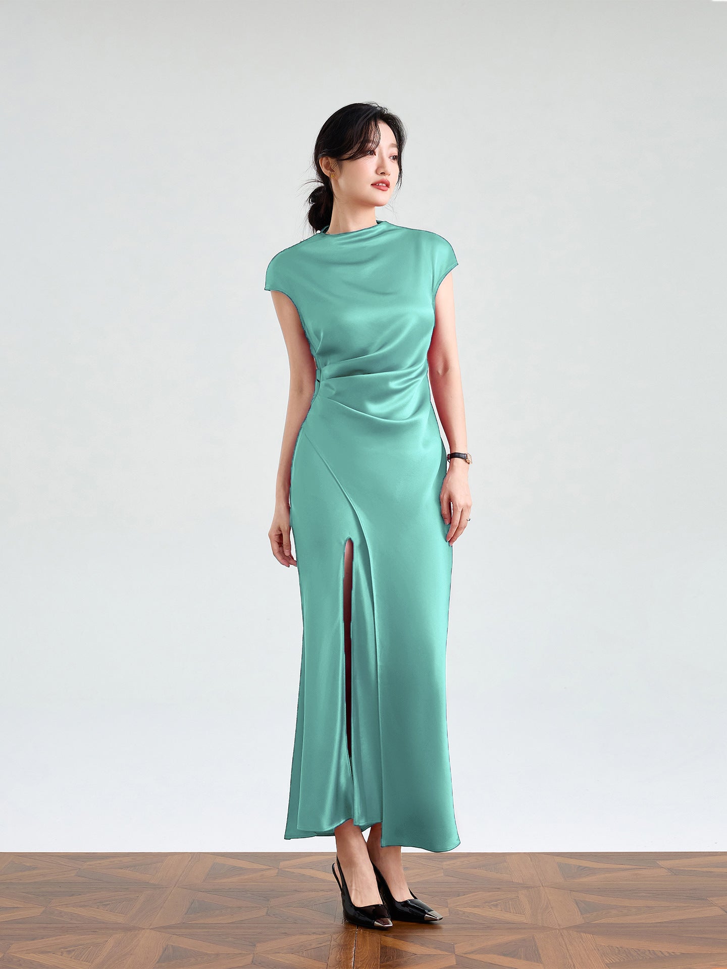 Haute couture imported acetic acid, pure desire style semi-turtleneck satin dress temperament thin split fork fish tail long dress French
