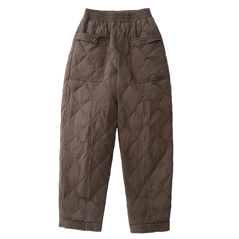 Real shot 2025 winter new literary solid color rhombus pocket thin thermal casual pants outer wear women