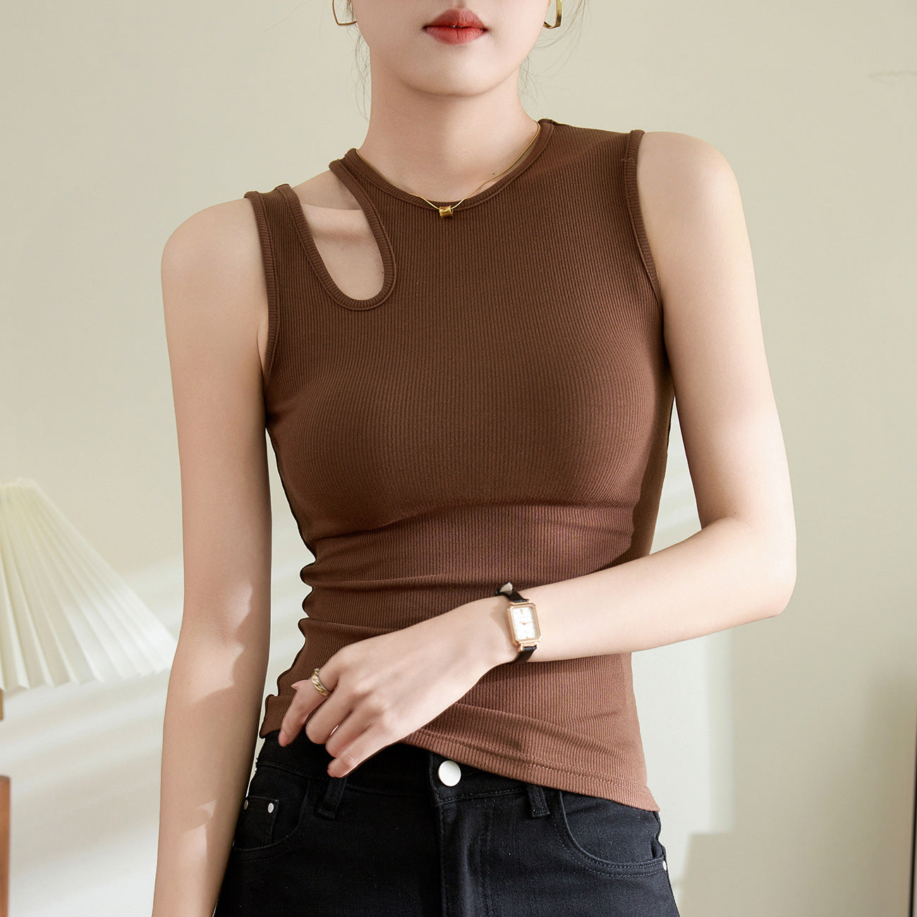 [Selection of good materials] American design sense hollow vest women's summer 2026 new high elastic threaded cotton tight T-shirt