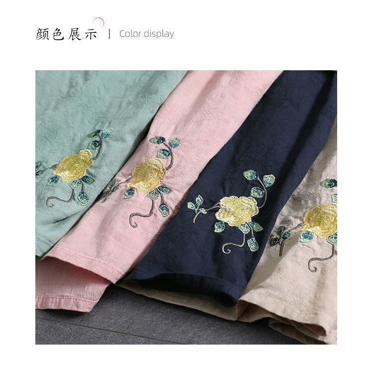 Ethnic style large size stand-up collar diagonal placket embroidered retro buckle solid color pullover medium sleeve cotton and linen short top women's summer wear