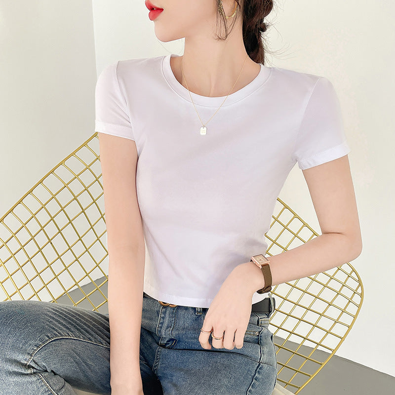 White short t-shirt women's short-sleeved ins trendy navel top tight cotton summer high-waisted belly button half-sleeved t-shirt
