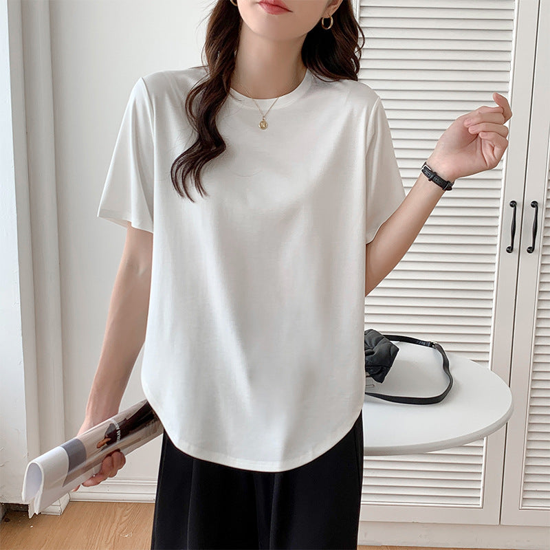 Short-sleeved T-shirt women's loose large version medium and long meat-covered hem curved Roman Tencel half-sleeved ice silk top summer