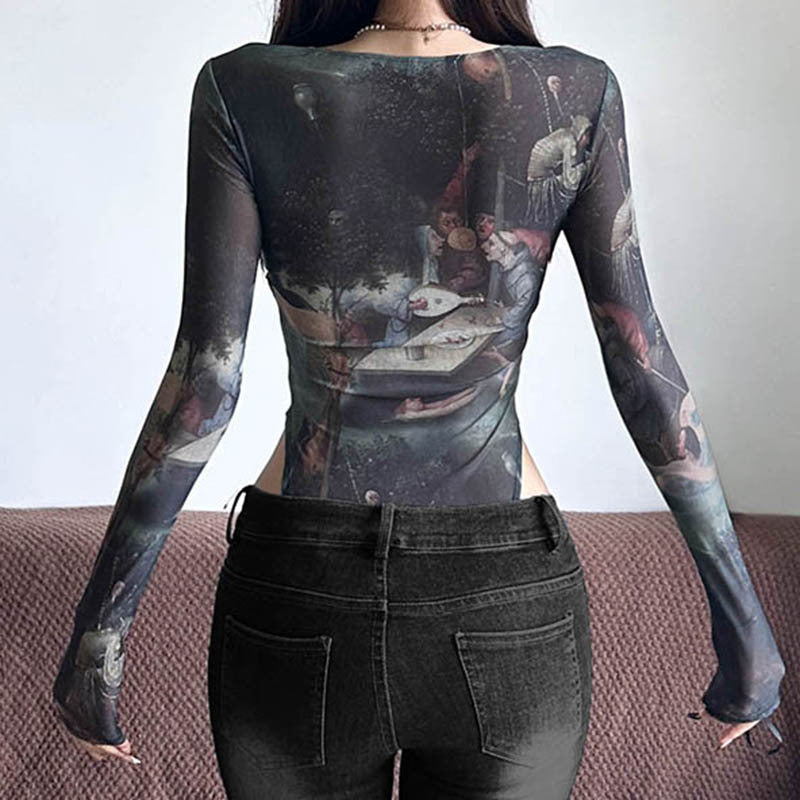 ins cross-border women's clothing ancient Greek printing lace splicing irregular waist T-shirt sexy low-cut see-through onesie