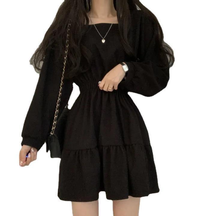 European and American style square collar showing thin folds Korean version girl age reduction loose high waist retro small man street shot dress