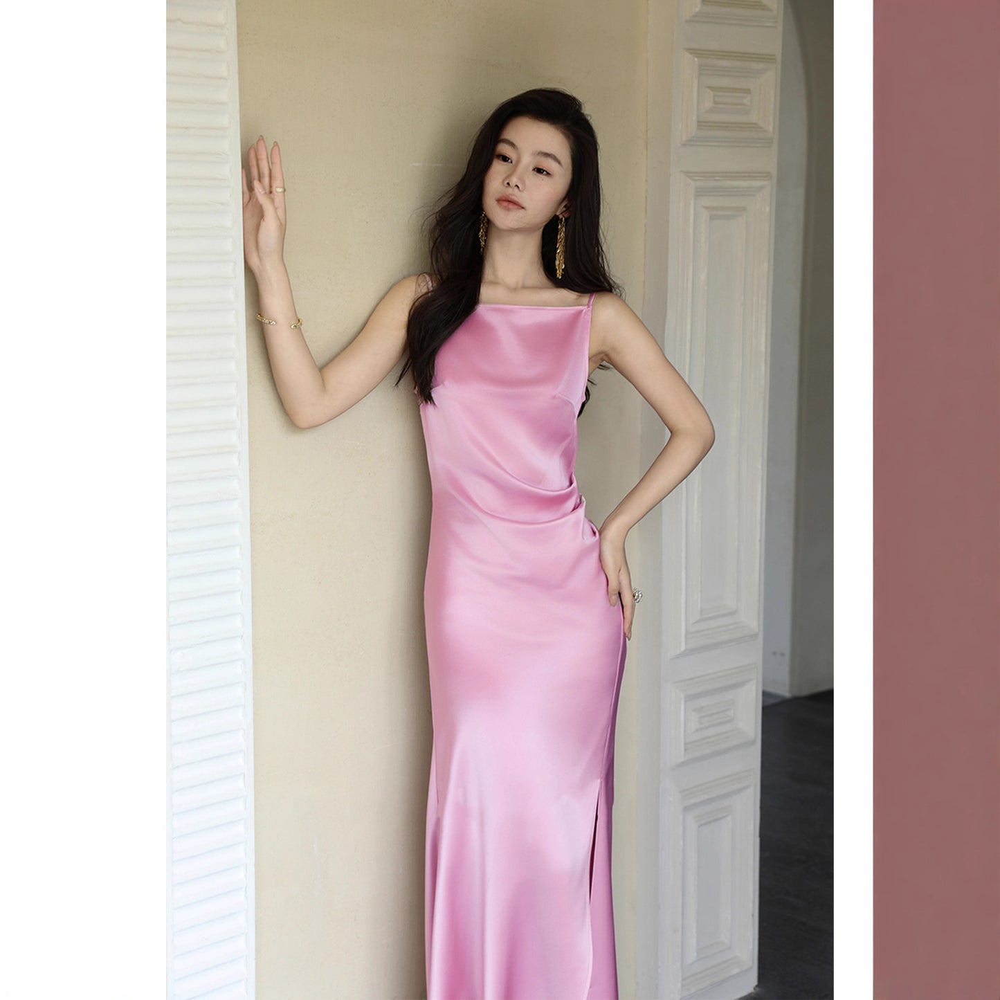 Haute couture imported satin acetic acid one-word collar suspender dress women's waist slit light luxury high-end long dress hip wrap