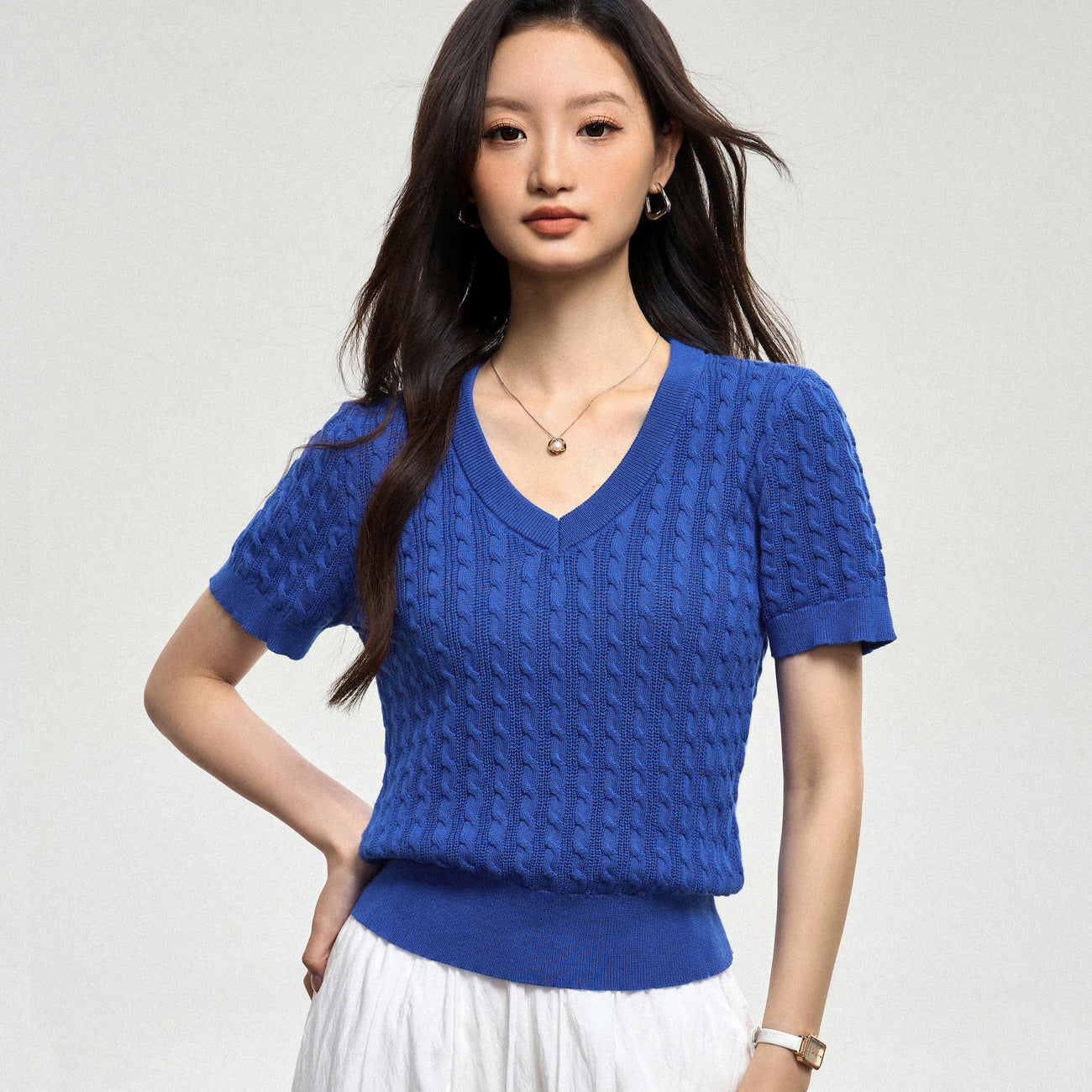 100% cotton and linen knitted sweater V-neck women's summer 2026 new Korean simple loose versatile and thin short-sleeved top