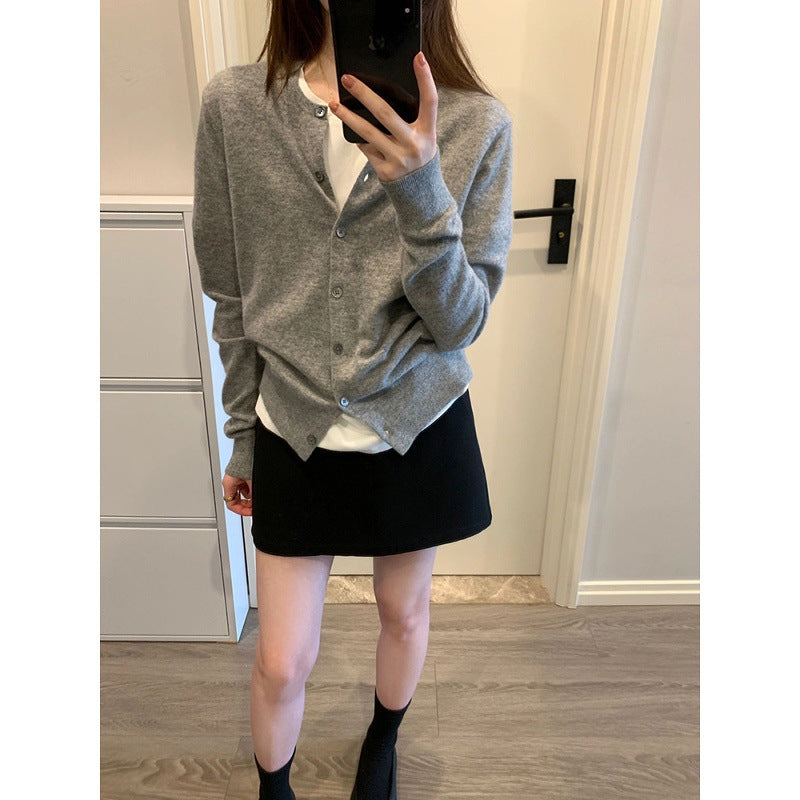 Premium Korean gray knitted cardigan women's spring and autumn temperament slim and thin outer cashmere sweater jacket top