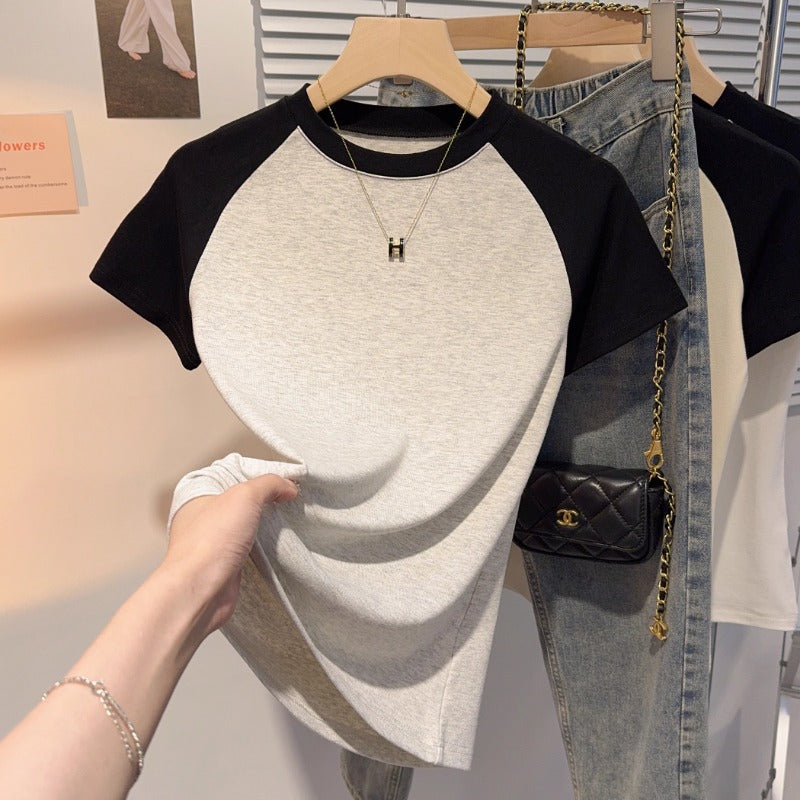 Gray versatile small stand-up collar short-sleeved T-shirt women's 2025 summer new Korean version slim and thin ice silk t-shirt top