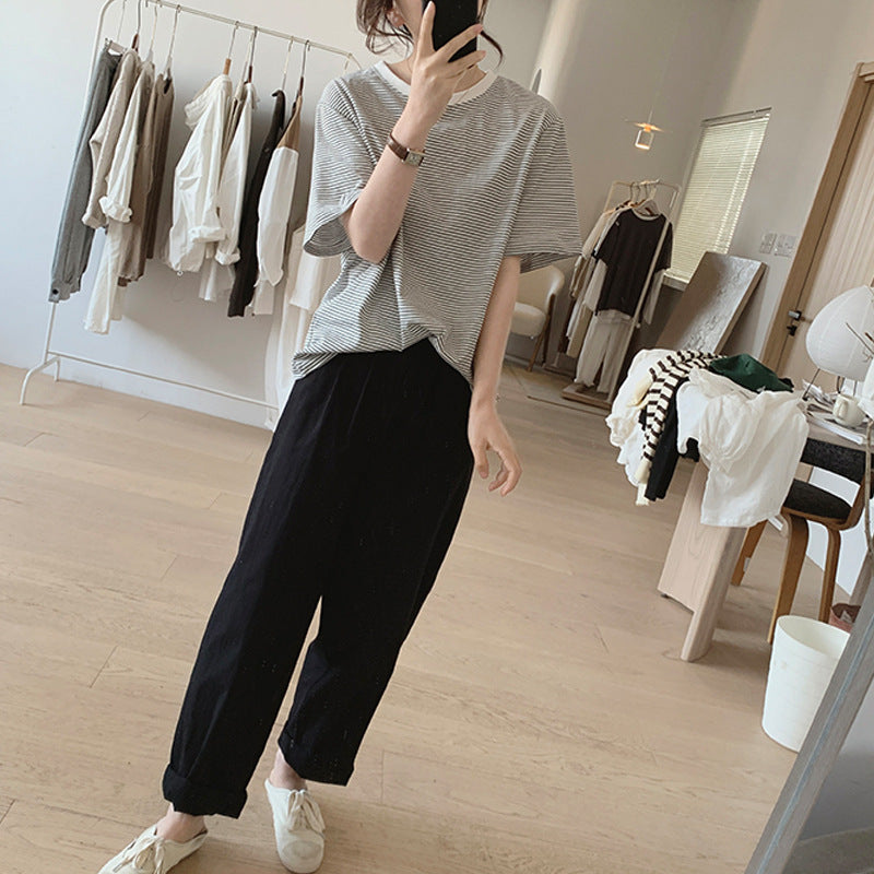 bag collar sticker, high-quality pure cotton striped T-shirt women's 2026 summer new loose and thin versatile short-sleeved T-shirt top