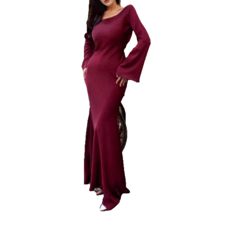 2025 autumn and winter cross-border women's clothing solid color round neck long-sleeved lace-up national style waist dress women's cross-border supply