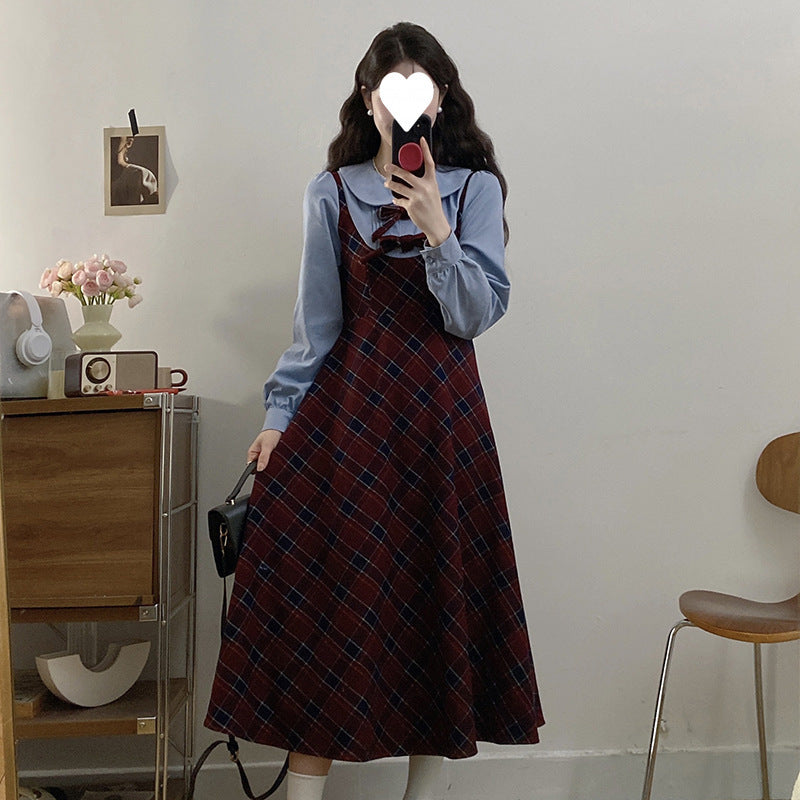Autumn and winter retro college style niche design sense fake two-piece plaid dress women's waist thin gentle temperament skirt
