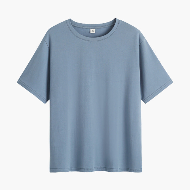 pure cotton loose short-sleeved t-shirt women's meat cover summer solid color summer design sense half-sleeve blue front shoulder thin summer wear