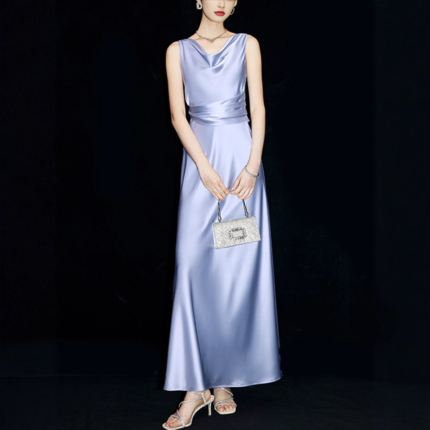 Haute couture imported acetic acid light luxury swinging collar summer temperament celebrity style royal sister feeling glossy pleated waist dress