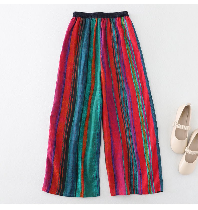 Real shot 2025 summer new literary and leisure vacation style striped cotton and linen elastic waist wide leg trousers women
