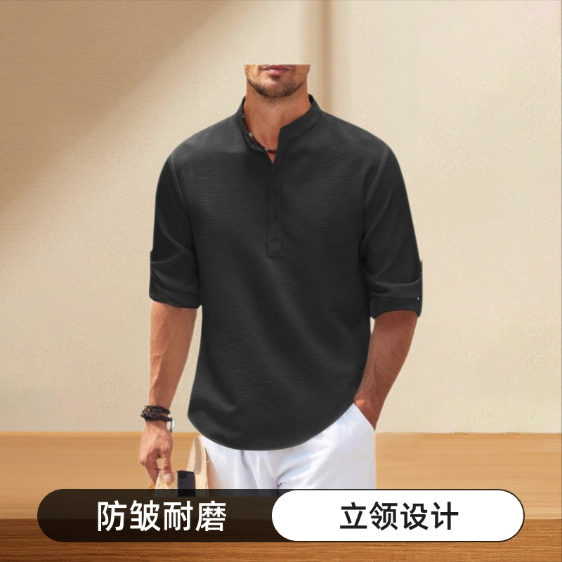 2025 European and American men's long-sleeved shirt stand-up collar half-open button-up shirt pineapple plaid shirt men's casual shirt top