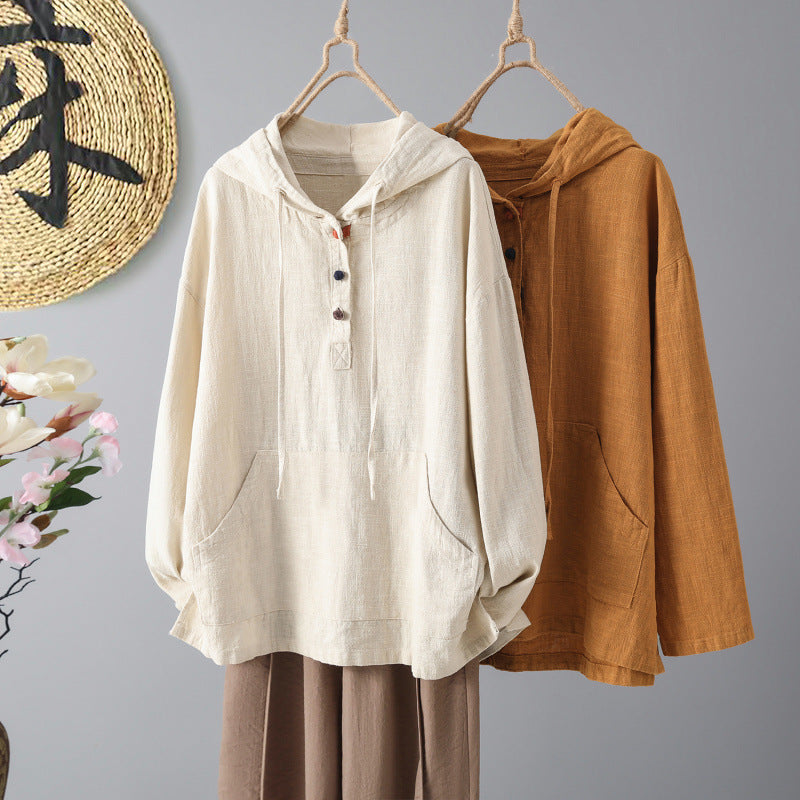 Real shot 2025 autumn new retro buckle new Chinese women's long-sleeved cotton and linen top hooded pullover sweater