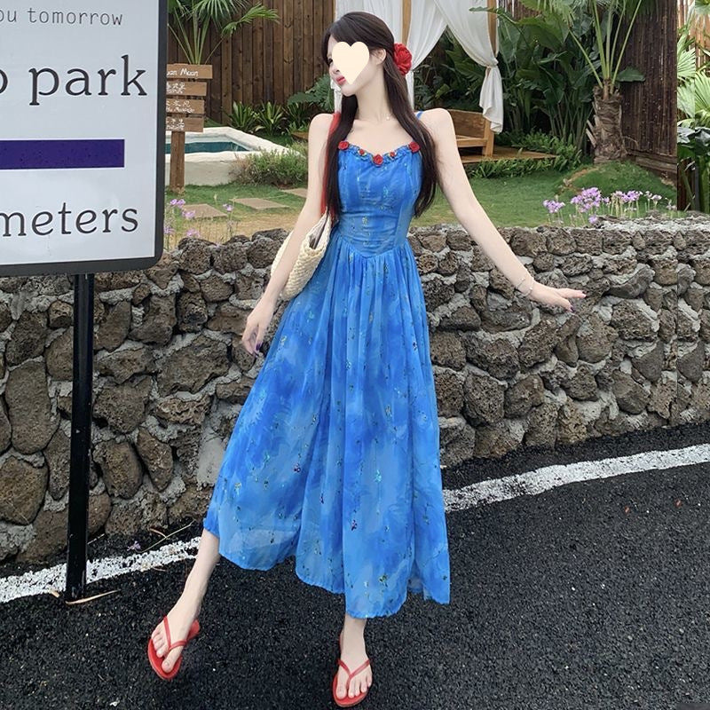 Holiday style blue suspender dress children's summer French lace splicing design waist pinch thin floral dress