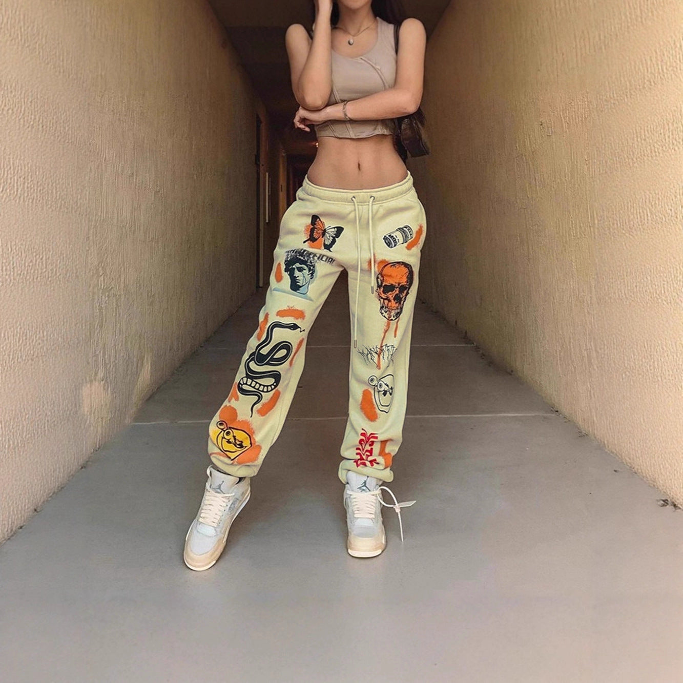 2025 cross-border European and American women's clothing new kuzi skull elements trend printing velvet high-waisted casual trousers