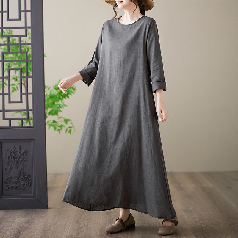 The real shot will be in the autumn of 2025. The new foreign trade cotton and linen printing loose large size long sleeve fat MM plus fat plus large dress.