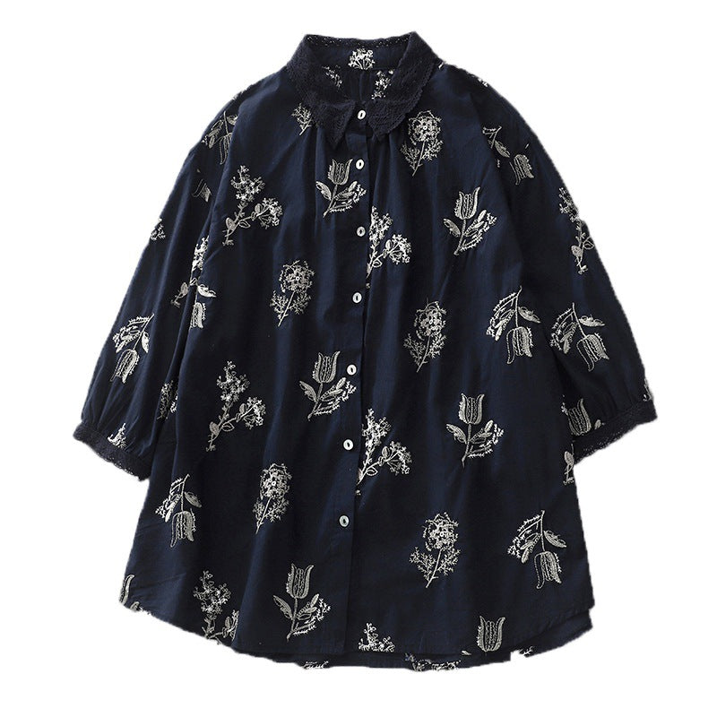 Summer 2024 New Cotton and Linen Literary Retro Loose Embroidery Small Fresh Shirt Top Women #1989