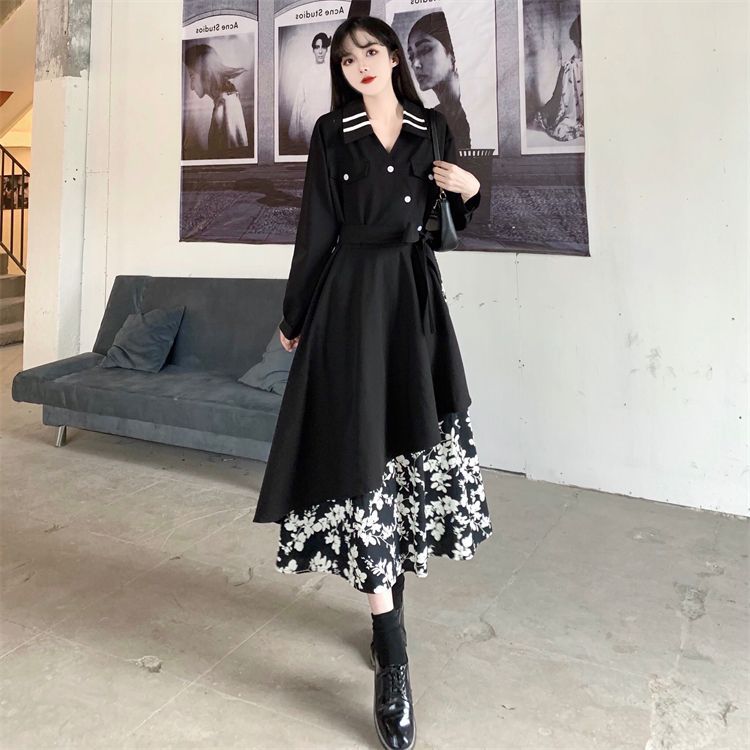 French retro design knee-length skirt autumn and winter large size waist splicing floral pendulum irregular dress