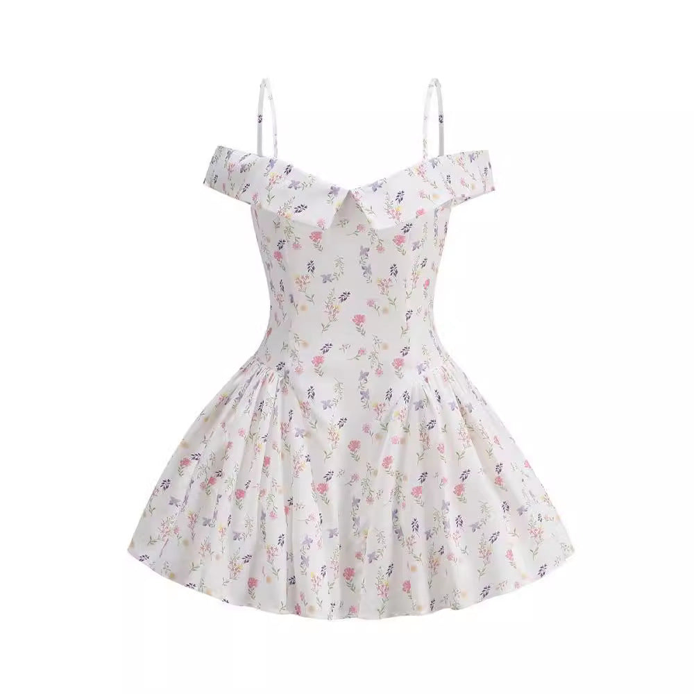 Summer fashion short sexy one-word shoulder suspender dress short-sleeved printed puff dress high waist and thin