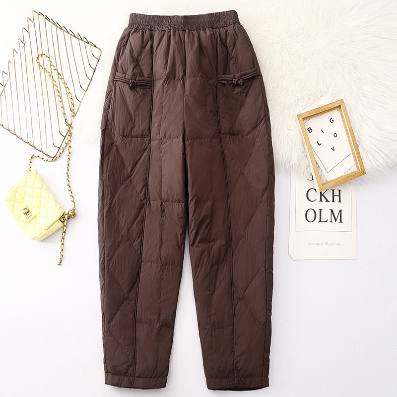 Real shot 2025 winter new retro national style buckle solid color cotton pants thickened warm women's casual pants