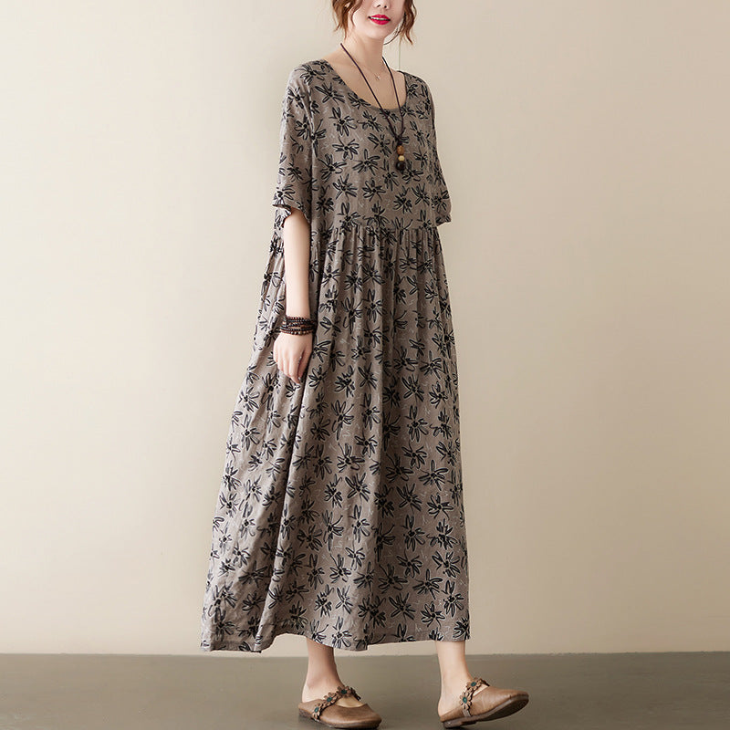 Real shot 2025 summer new literary large size loose printing round neck short-sleeved dress women's long dress #6238