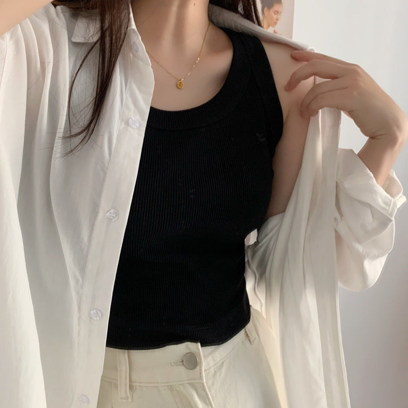 High-waisted short vest, women's cover, anti-light threaded cotton open-button bottomed halter top, new in summer 2026.