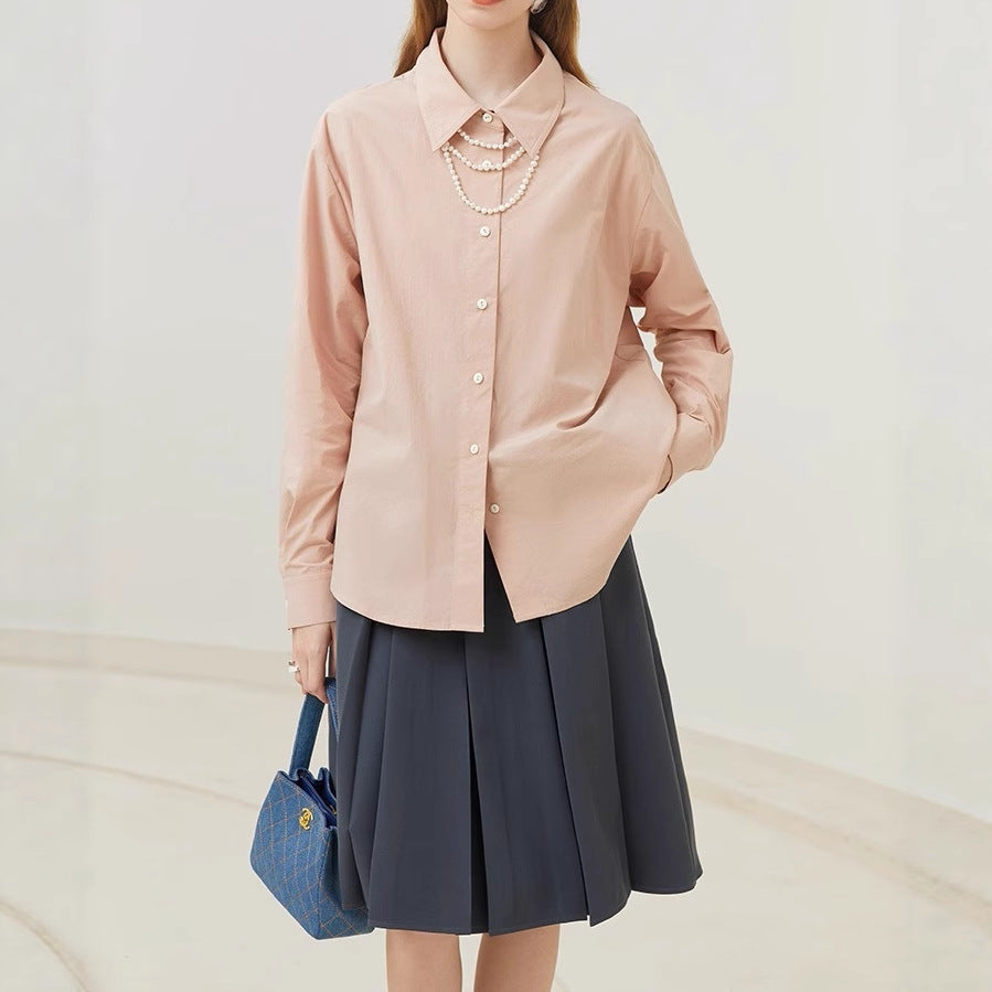 Fanslan Blue Temperament Cotton Long Sleeve Shirt Women's Spring and Autumn French Loose Casual Commuter Top 11190