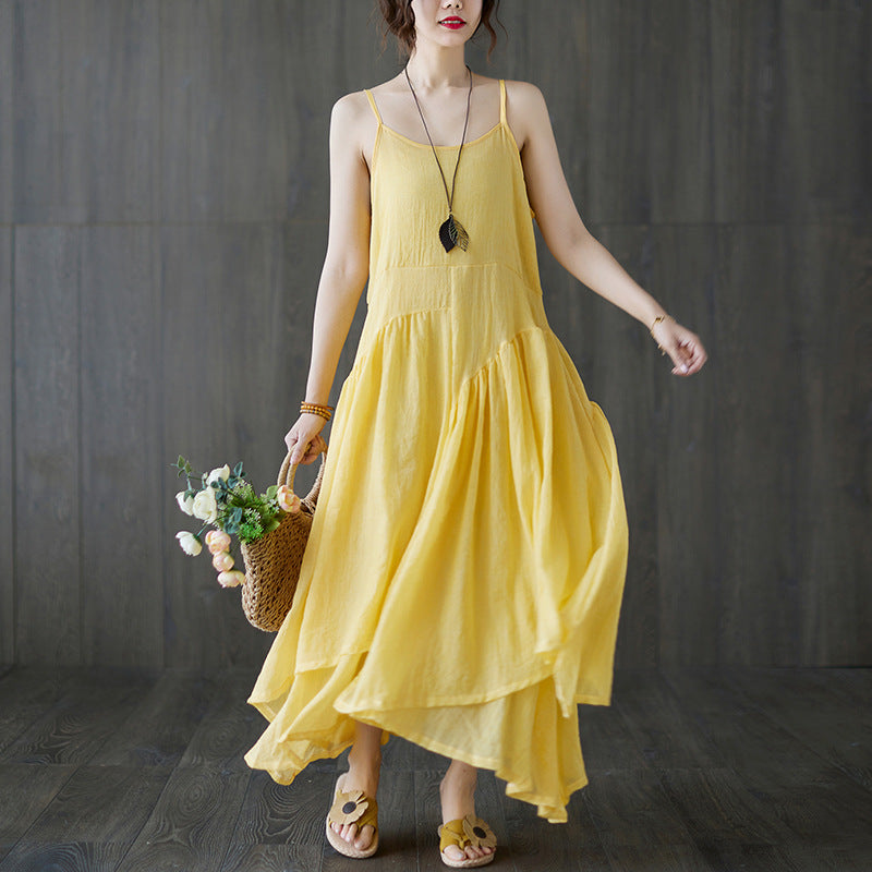 Real shot 2025 summer new literary large size loose solid color suspender dress women's irregular long dress 8237 #