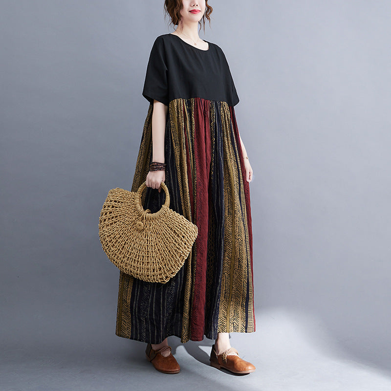 Real shot 2024 summer new literary large size loose cotton and linen printing short-sleeved dress women's long dress 9107 #