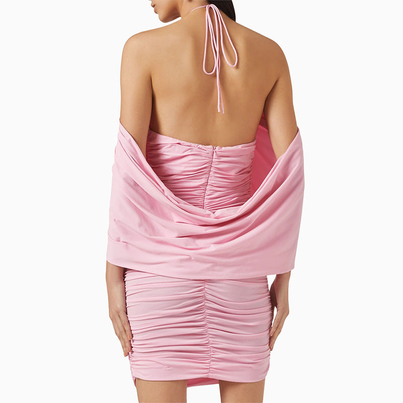 Cross-border European and American stars perform the same party sexy light dress card shoulder neck fold slim hip dress