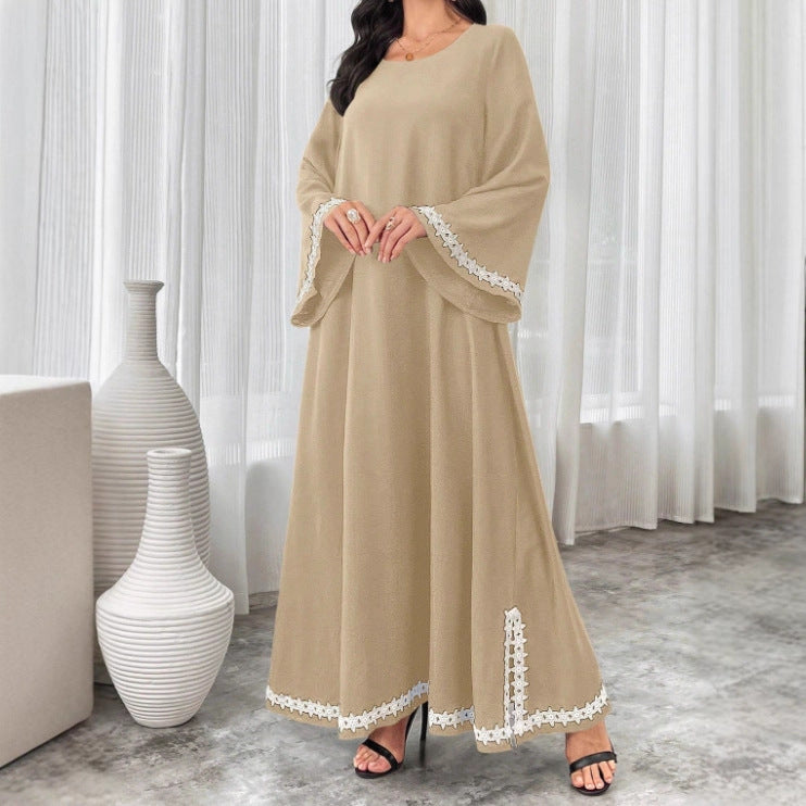 2025 AliExpress Amazon Middle East Dubai Hot Sale Splicing White Lace Crew Neck Slits Dress