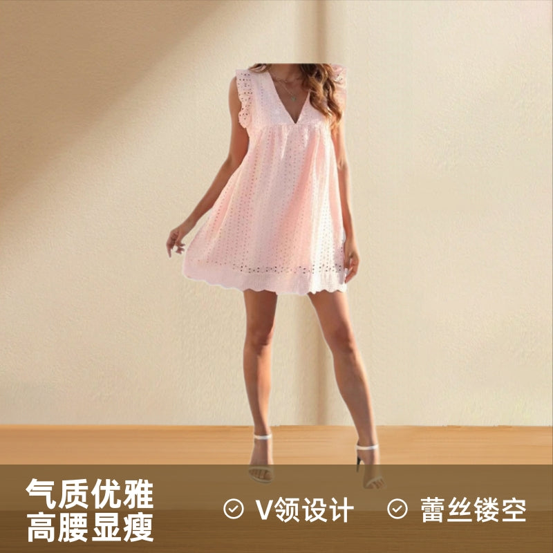 2025 Amazon Europe and the United States cross-border new lace jacquard hollow V-neck dress women's pocket cloth shorts