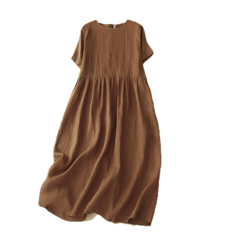 Real shot 2025 summer new literary loose solid color cotton and linen round neck short-sleeved dress women's medium and long #8802