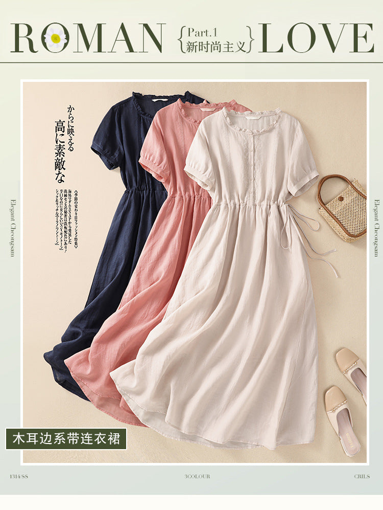 Real shot 2025 summer new cotton and linen literary commuting simple solid color light and thin medium and long dress women