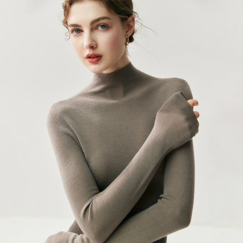 Machine washable Yangtze worsted wool sweater women's thin semi-turtleneck slim-fit sweater autumn and winter high-end knitted bottoming shirt