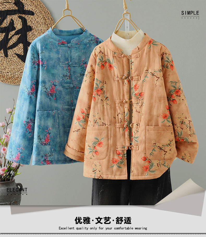 New Chinese style floral cotton clothes for women's winter 2025 new buckled cotton jacket