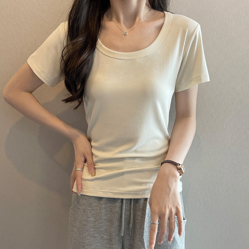 White U-neck short-sleeved t-shirt women's top fashionable foreign style big collar thread 2025 Internet celebrity bottoming shirt versatile and exquisite