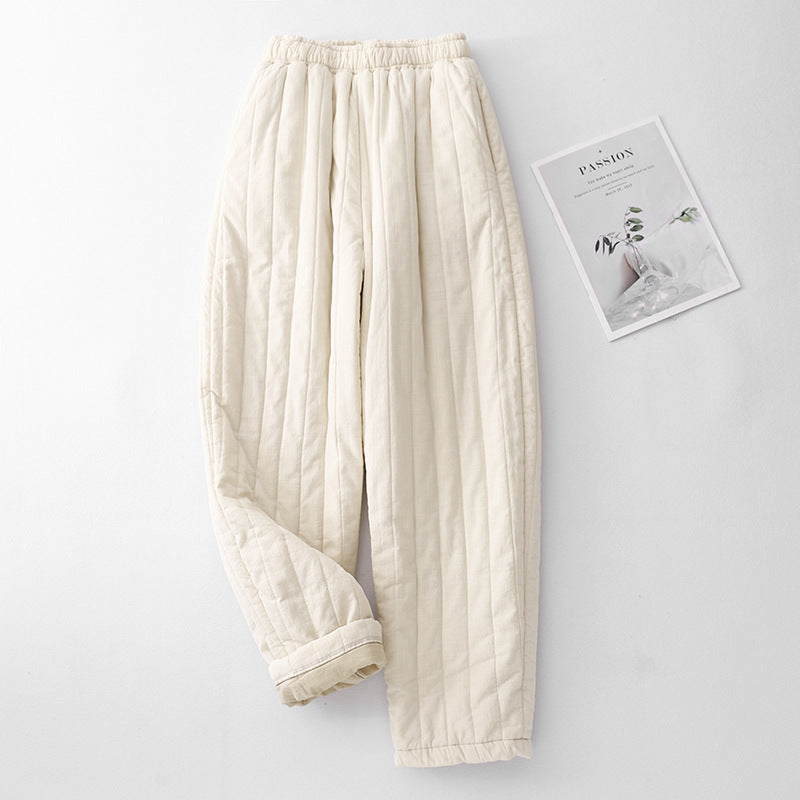 Thickened cotton-padded thermal trousers, new cotton and linen quilted vertical grid casual cotton-padded trousers for women's outer wear in autumn and winter of 2025