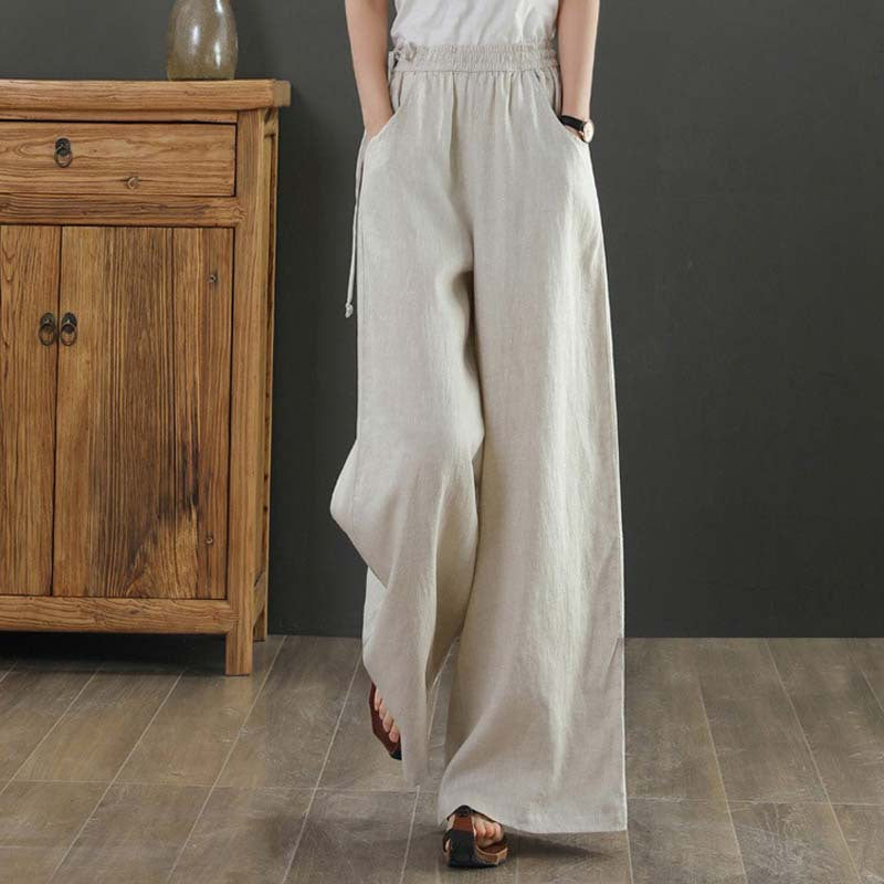 2025 summer new literary loose solid color cotton and linen elastic waist wide-leg pants trousers women's casual pants #9793 #