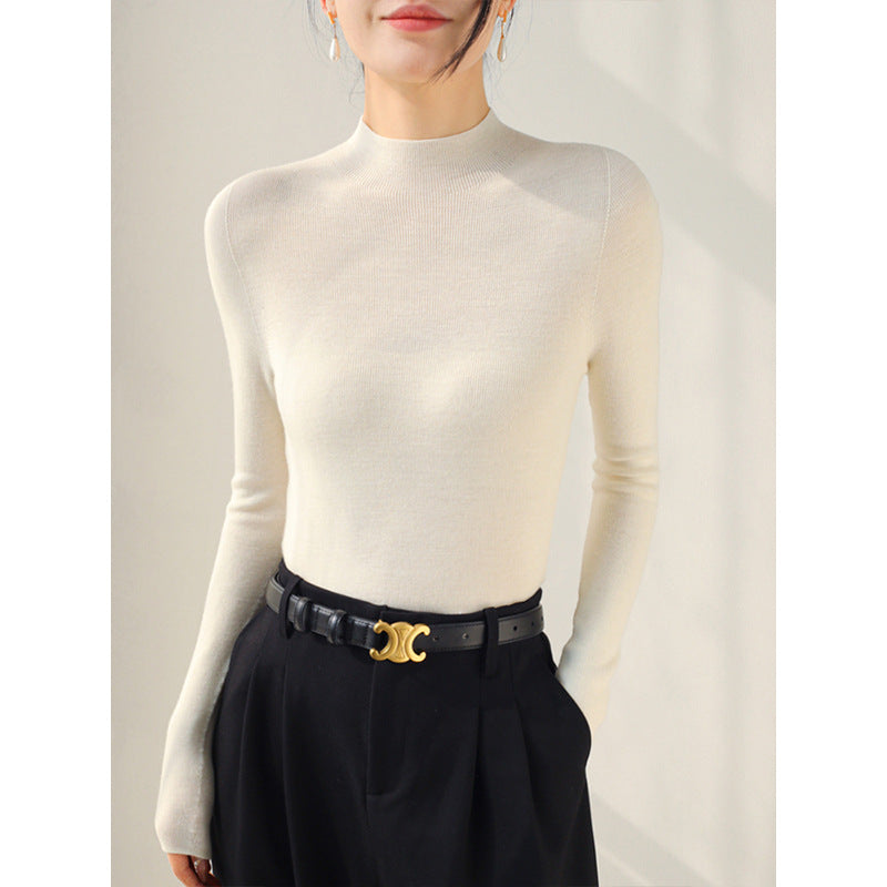 High-end Yangtze yarn semi-turtleneck seamless integrated pullover knitted sweater women's autumn slim-fit full wool backing sweater white