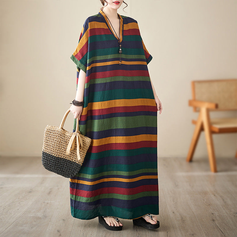 Real shot 2023 summer V-neck thin cotton and linen loose large size simple vacation style long skirt striped beach skirt women
