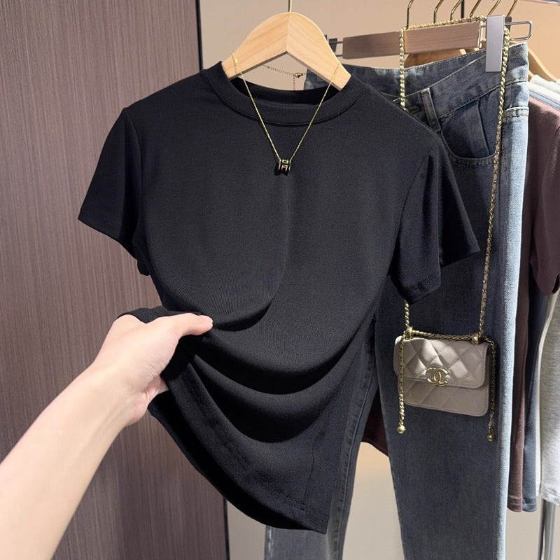 Brown short-sleeved t-shirt women's 2025 summer new high-end bottoming shirt versatile slim-fitting front shoulder top