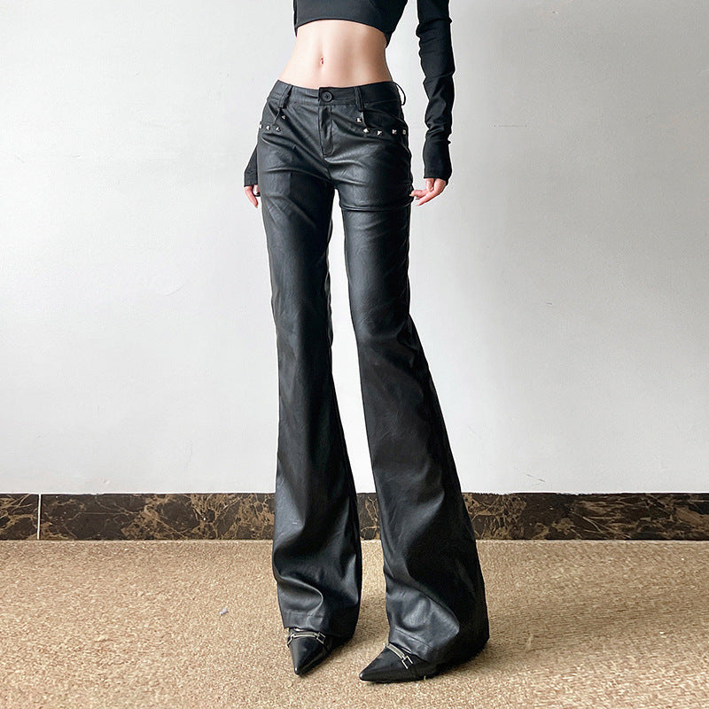 Love cloth forget American street style cool handsome babes rivet low waist leather pants dark rock slim straight trousers